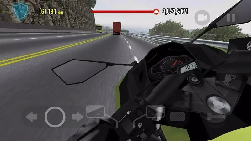 Gameplay screenshot of Traffic Motos 3 showcasing the first-person perspective while riding a motorcycle at high speed on a highway.