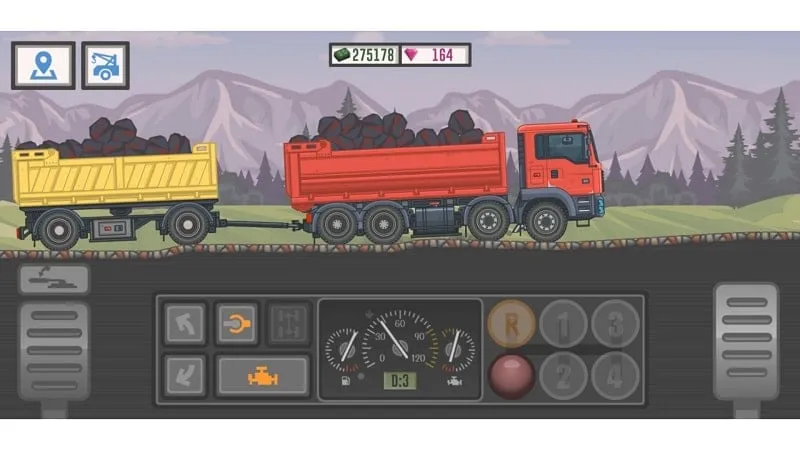 Gameplay screenshot of Trucker and Trucks showcasing the in-game currency and interface.