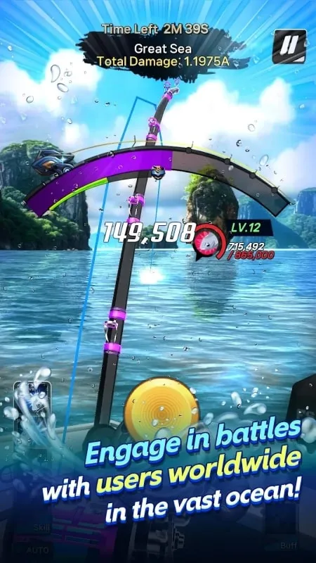 Gameplay screenshot of World Fishing displaying the fishing line and force bar.