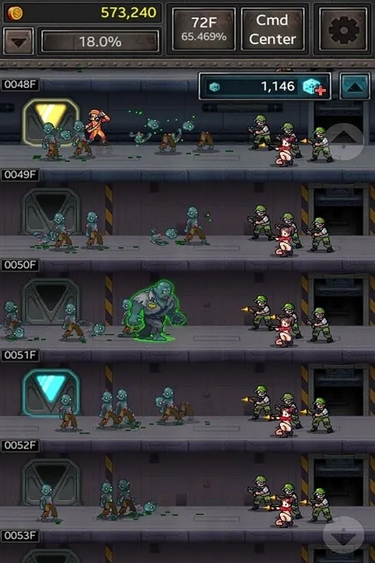 Gameplay screenshot of Zombie Hive showing combat against zombies in a laboratory setting.