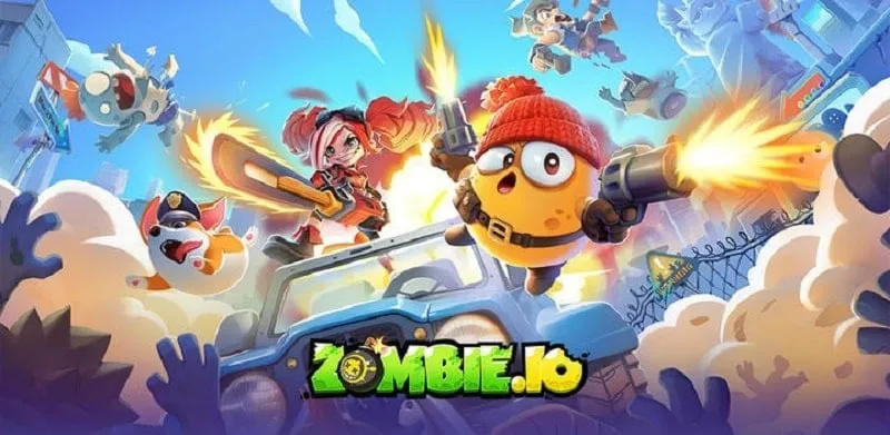 Gameplay screenshot of Zombie.io showing character surrounded by zombies.