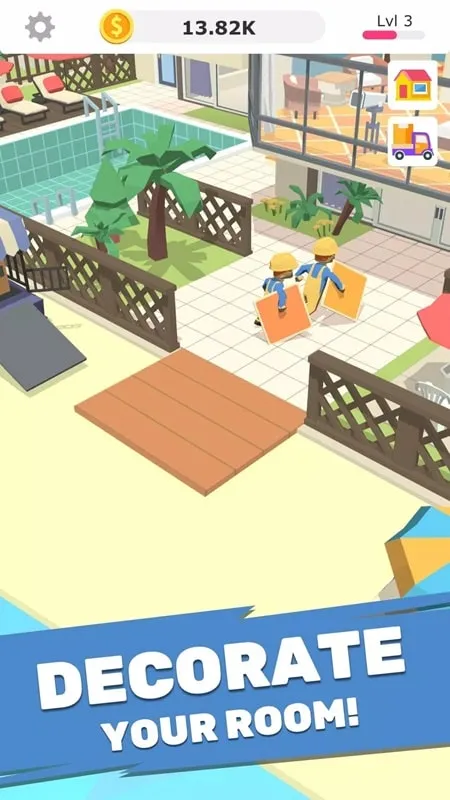 Gameplay screenshot showcasing different house decoration tasks and employee actions.