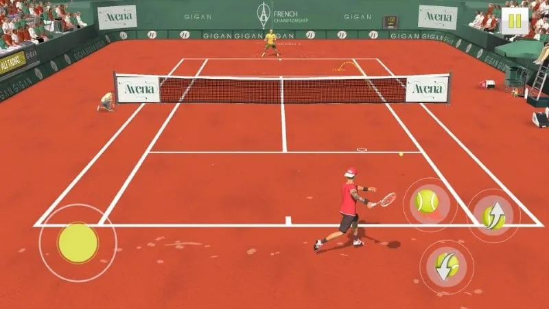 Gameplay screenshot showcasing tennis match on a clay court.