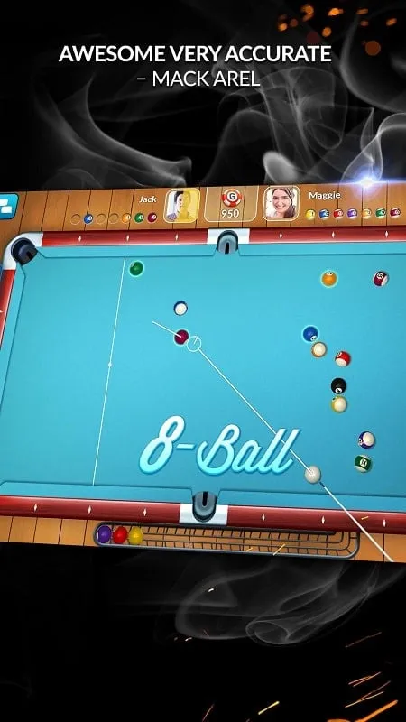 Gameplay screenshot showcasing the extended aiming lines in Pool Live Pro mod.