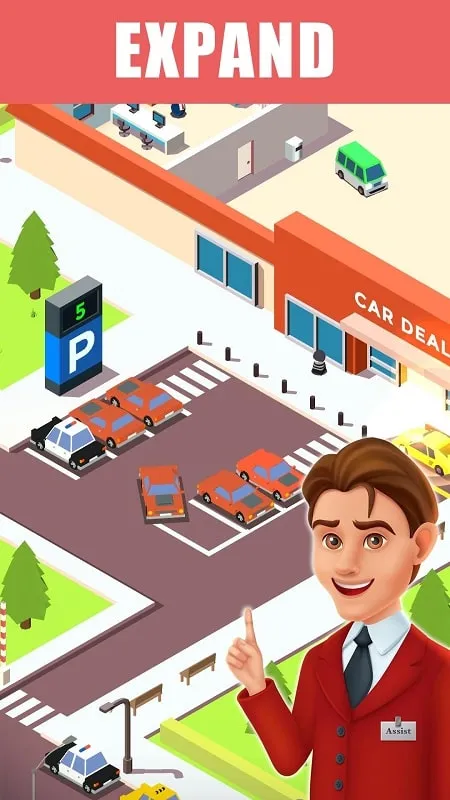 Gameplay screenshot showcasing the unlimited money feature in Car Dealer Tycoon Idle Market.