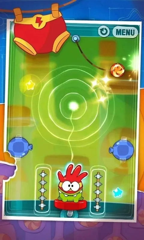 Gameplay screenshot showcasing the use of telekinesis in Cut the Rope Experiments.