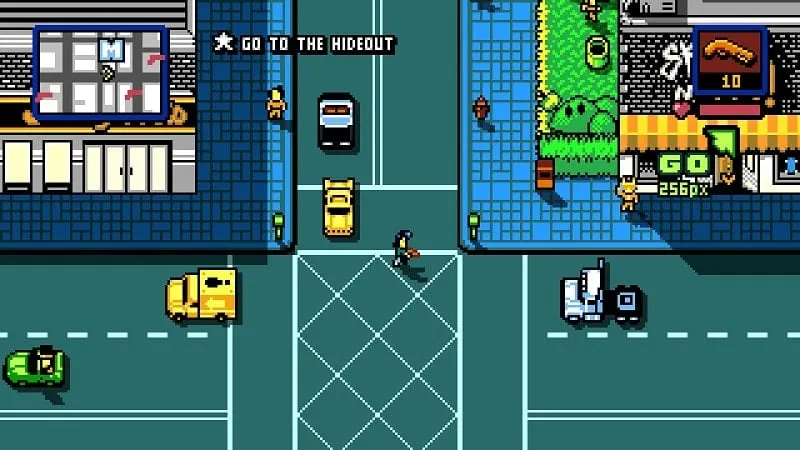 Gameplay screenshot showcasing the variety of weapons available in Retro City Rampage DX.