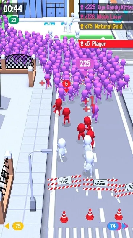 Gameplay screenshot showing a large crowd following the player in Crowd City