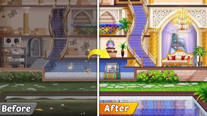 Screenshot gameplay Hotel Frenzy MOD APK dengan uang tak terbatas.