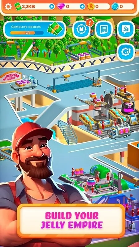 Gameplay screenshot showing various factory components and resources in Berry Factory Tycoon.