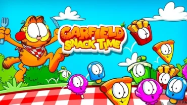 Garfield in the game, surrounded by snacks.