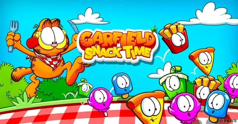 Garfield in the game, surrounded by snacks.