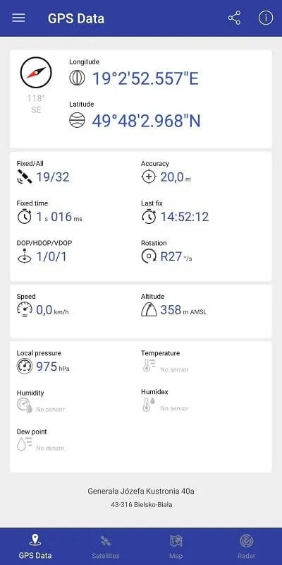 GPS Data apk showing sunset time