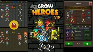 Grow Heroes VIP - Main gameplay screen showing heroes battling monsters.