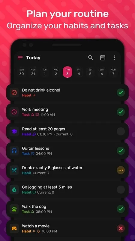 Tampilan integrasi kalender di HabitNow Daily Routine Planner MOD APK