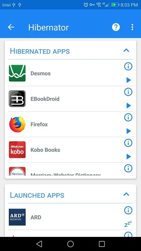 Hibernator mod apk showing how to select apps to hibernate.