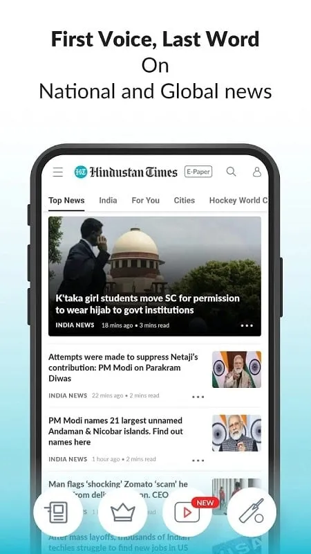 Hindustan Times mod showing personalized news feed