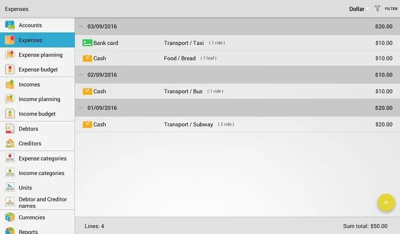 Home Bookkeeping Money Manager mod interface illustrating expense tracking