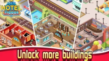 Hotel Empire Tycoon gameplay screenshot showing various hotel rooms and facilities.