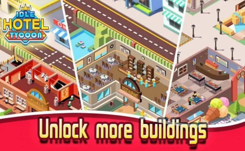 Hotel Empire Tycoon gameplay screenshot showing various hotel rooms and facilities.