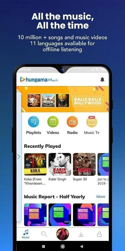 Hungama Music mod interface showing premium features