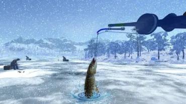 Ice fishing action on a frozen lake.
