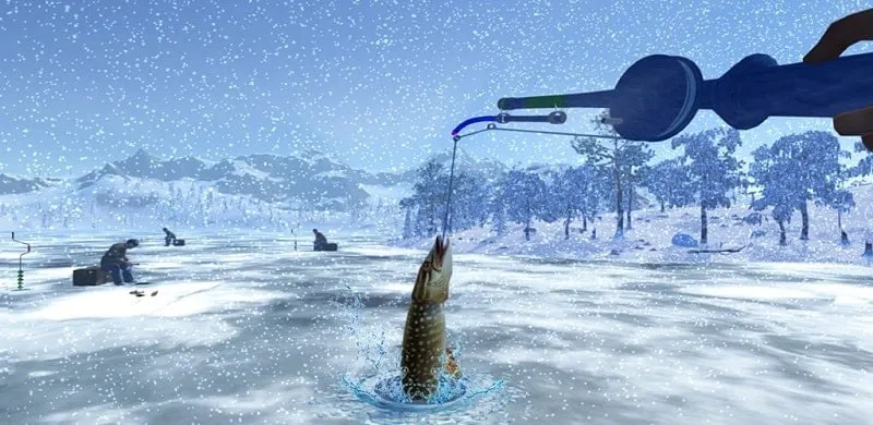 Ice fishing action on a frozen lake.