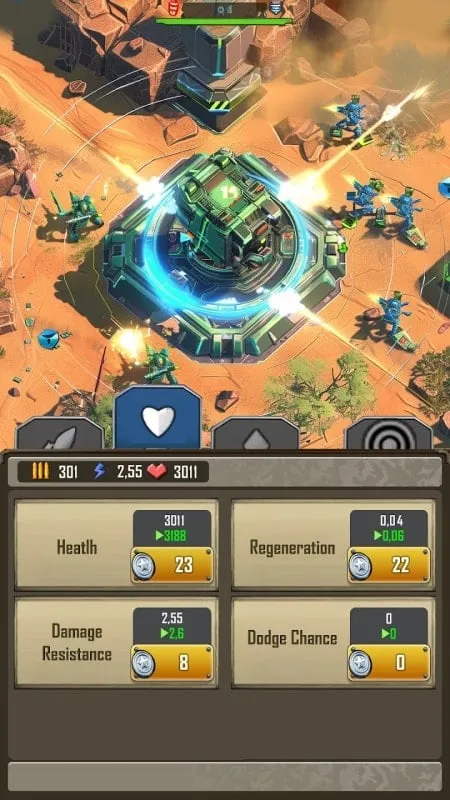 Idle Defense Legend game screen displaying upgrade options for different towers and units.