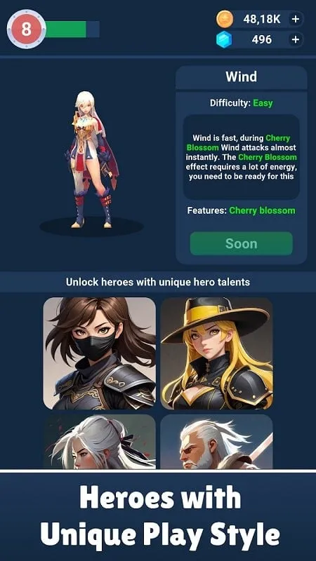 Idle Hero game interface displaying various characters and their respective skills and attributes.