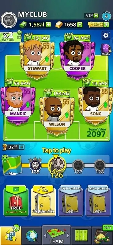 Idle Soccer Story in-game shop with unlimited resources.