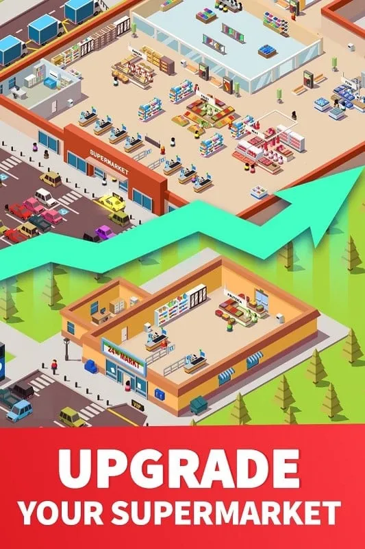 Idle Supermarket Tycoon gameplay showcasing the use of unlimited money to expand and upgrade the supermarket.