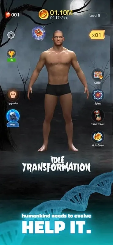 Captura de pantalla del juego Idle Transformation que muestra la interfaz de transformación de personajes.