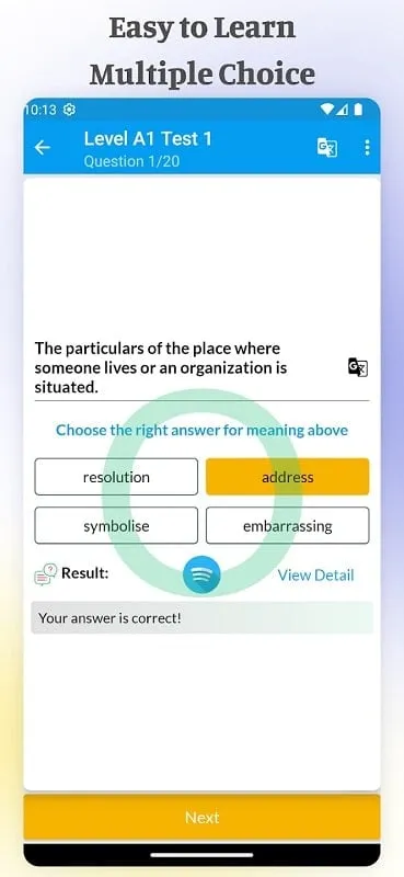 IELTS Vocabulary mod showing practice test feature 