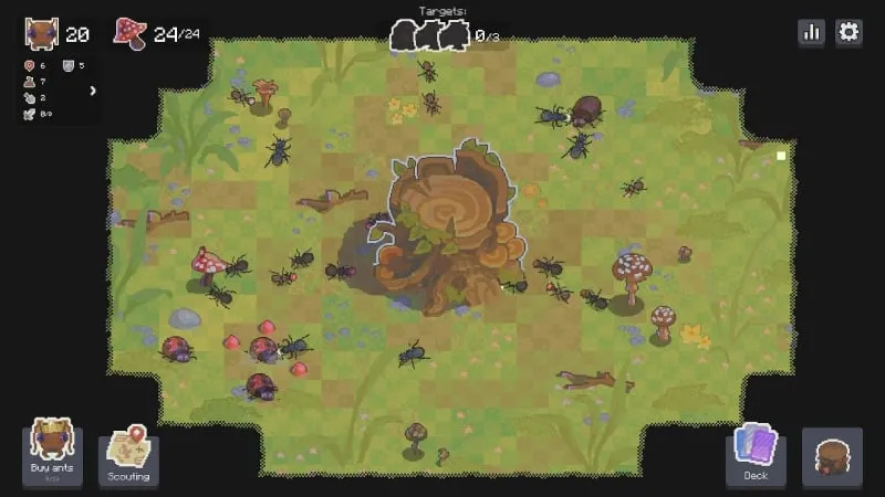 Illustrative example of utilizing the unlimited resources feature to build a robust ant colony.