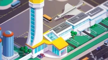 Illustrative image of the Idle Airport Tycoon gameplay featuring various airport facilities and airplanes.