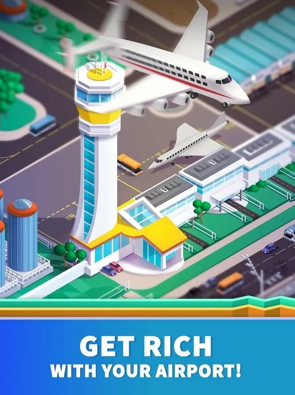 Illustrative image of the Idle Airport Tycoon gameplay featuring various airport facilities and airplanes.