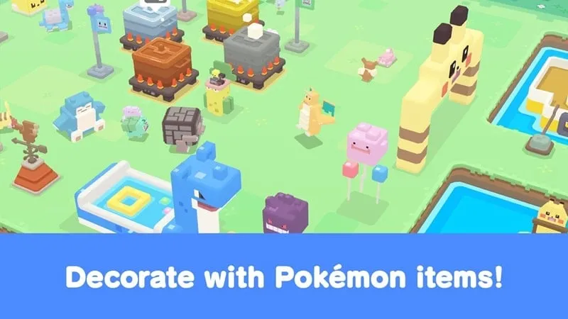 Gambar yang menampilkan adegan pertempuran di Pokemon Quest dengan Pokemon berbentuk kubus menggunakan kemampuan mereka.