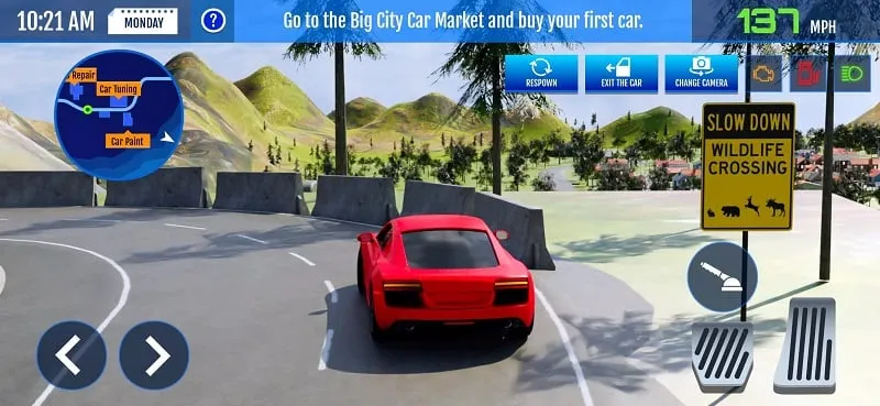 Image showcasing the gameplay of driving and testing cars on different terrains in Car Sales & Drive Simulator 24.