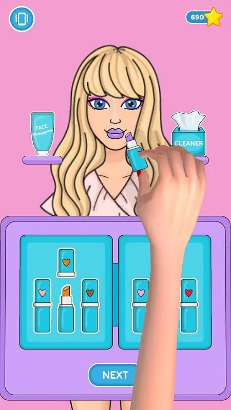 Image showcasing the makeup application feature within the DIY Paper Doll game, allowing for detailed customization of the doll's appearance.