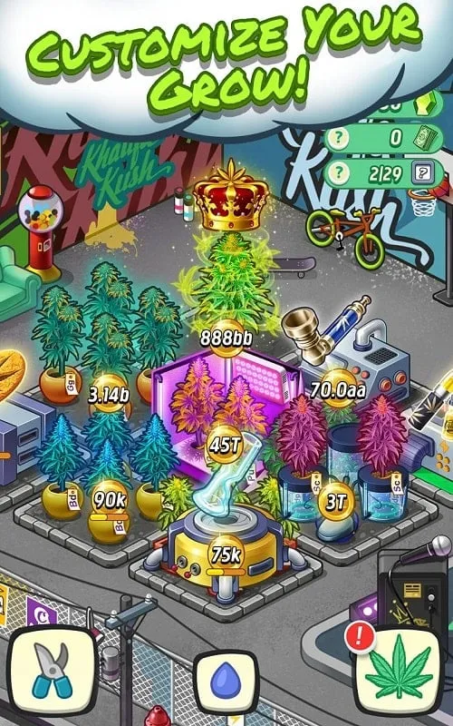 Imagem mostrando as várias plantas e atualizações disponíveis no mod do Wiz Khalifa's Weed Farm.