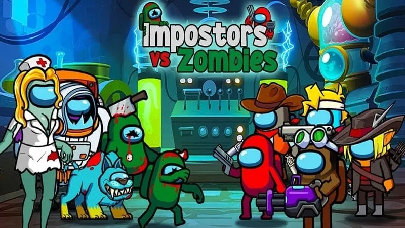 Impostors battling zombies in a vibrant game environment.