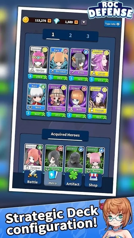 In-game example of upgrading heroes in ROC Defense.