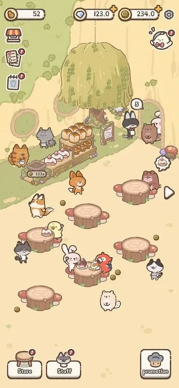 In-game screen displaying different cat employees and upgrade options.