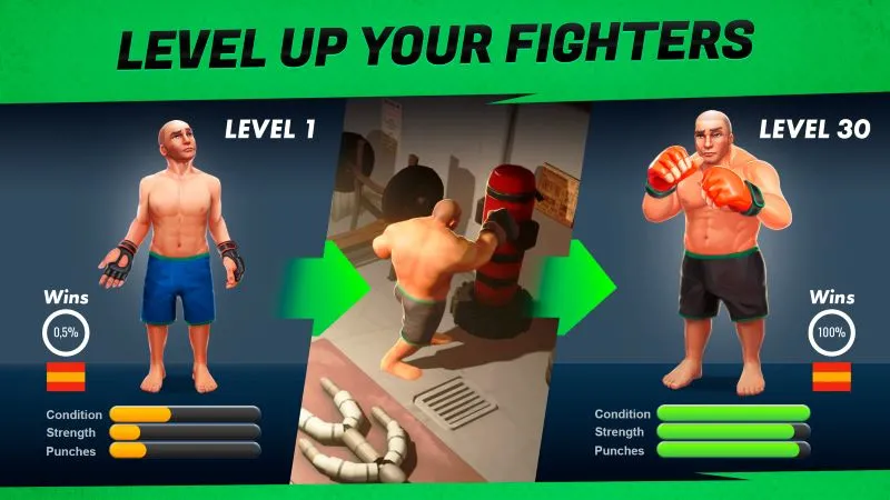 In-game screen showcasing a customized fighting arena with upgraded equipment and facilities.