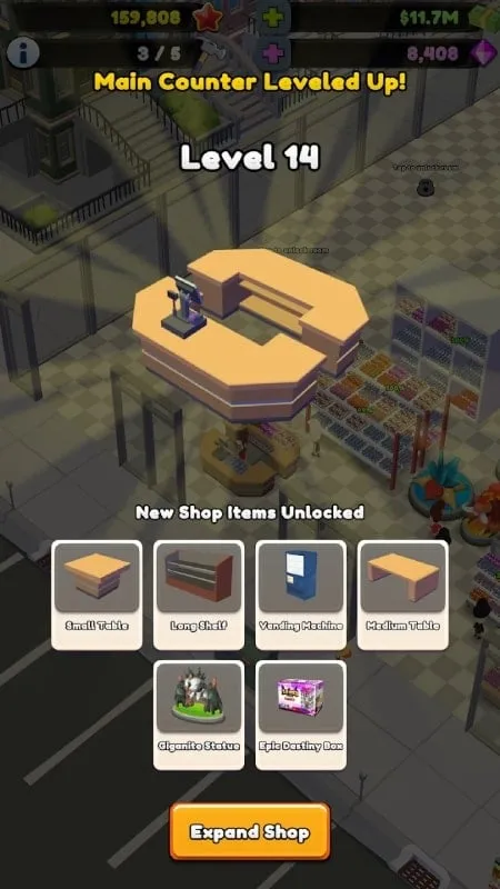 In-game screenshot demonstrating the shop building feature with unlimited resources in TCG Card Shop Tycoon 2 mod.