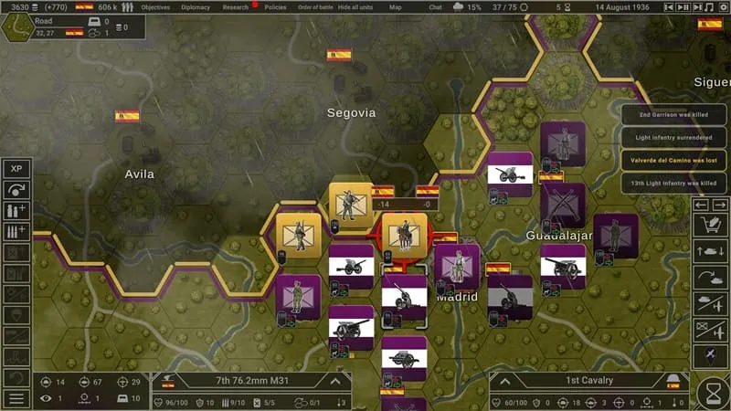 In-game screenshot demonstrating the strategic deployment of units on a battlefield map in Hex of Steel.