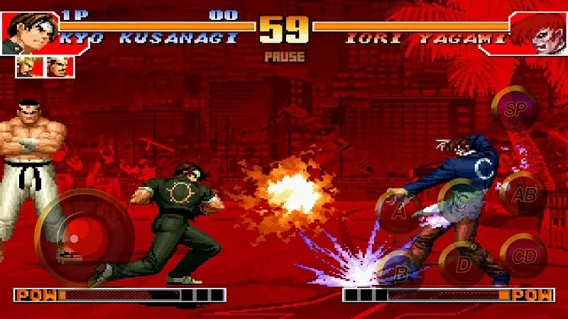 In-game screenshot demonstrating the unlimited money resource available in the modded version of THE KING OF FIGHTERS 97.