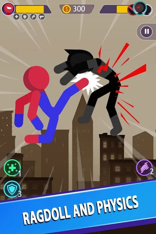 In-game screenshot depicting a fierce battle between two stickman characters, showcasing dynamic combat and special effects.