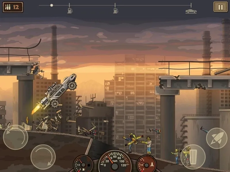 In-game screenshot depicting a heavily modified vehicle successfully navigating a zombie-infested environment in Earn to Die 2.