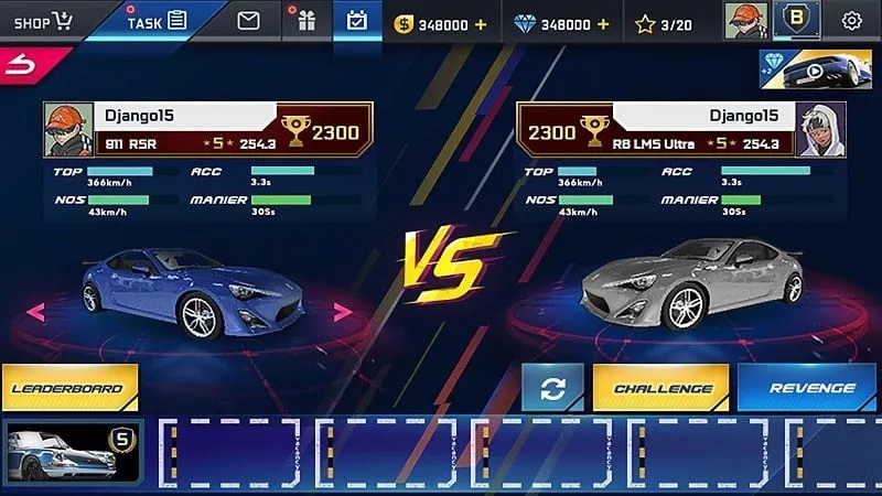 In-game screenshot displaying car customization options like paint and decals in Street Racing HD.